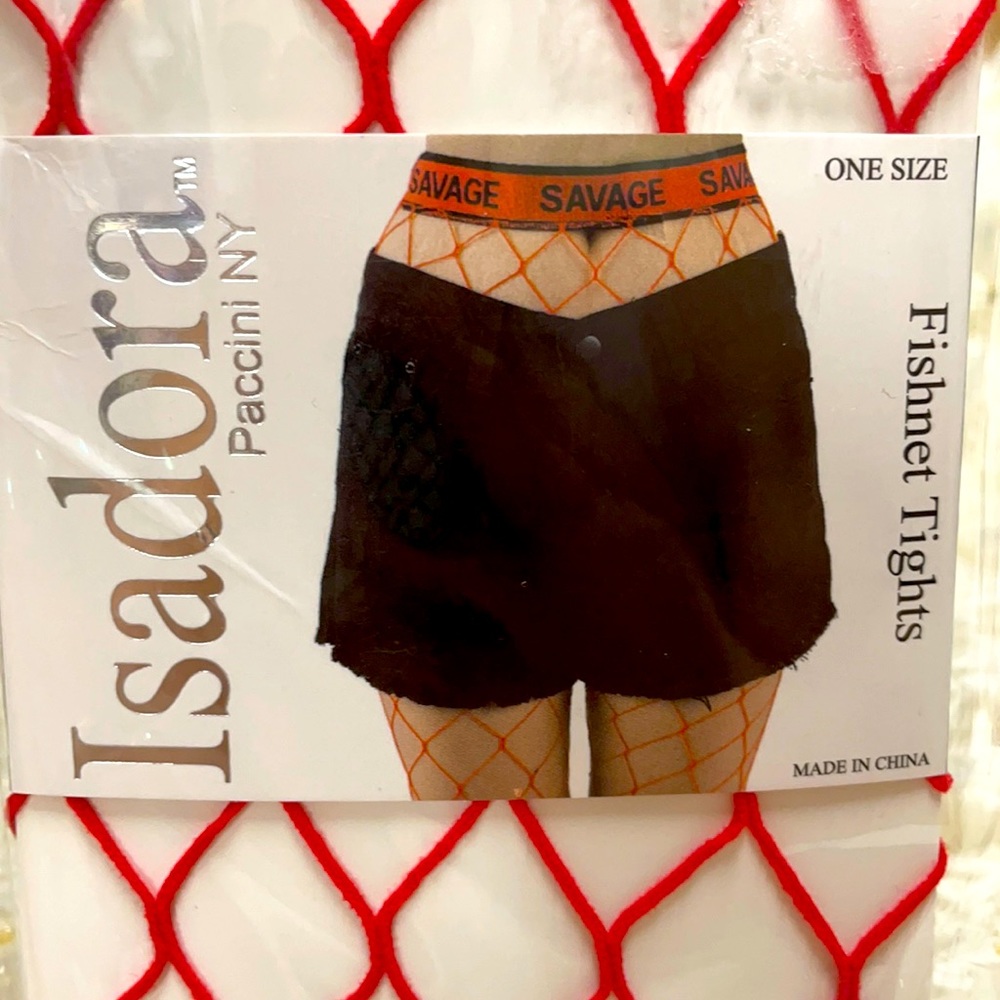 Red Fishnet Pantyhose with SAVAGE logo on waistband